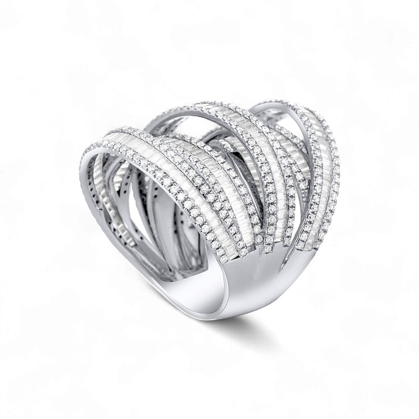 Layered Crisscross Baguette Cut Tri Tone Ring in 18KT Gold