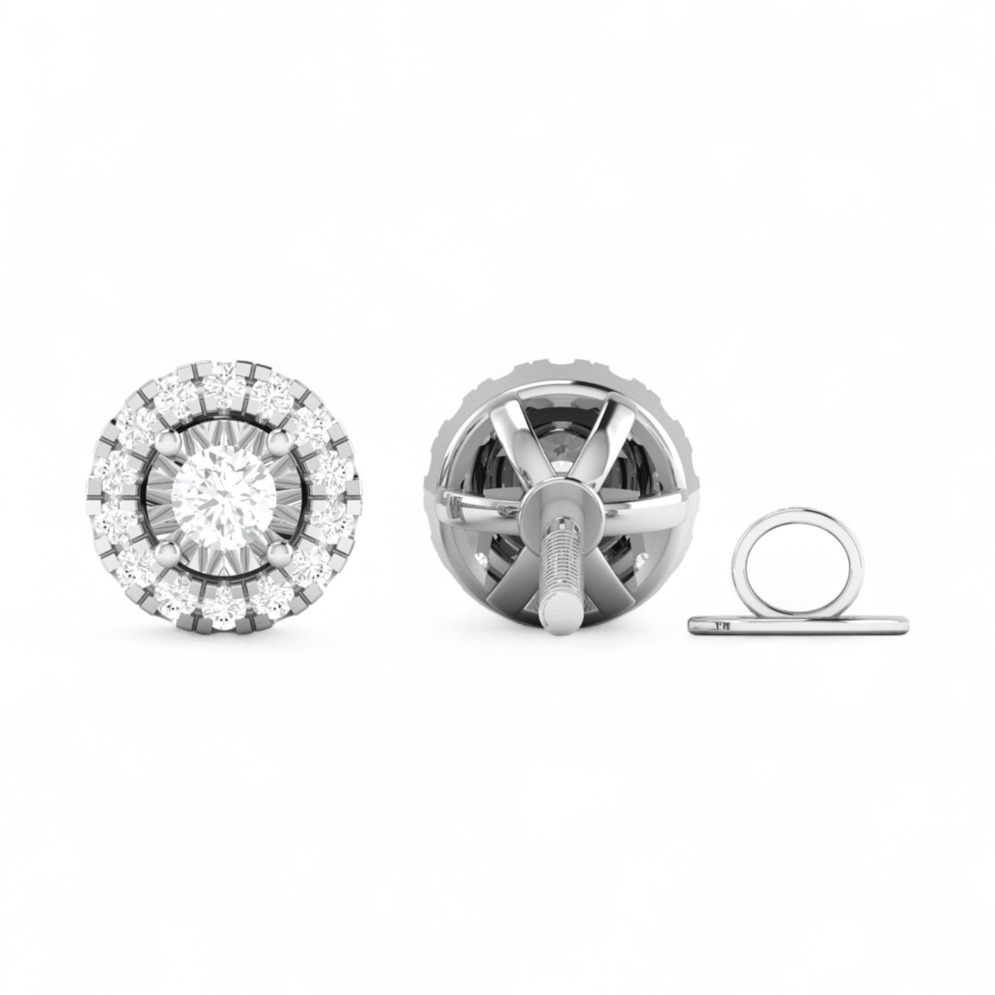 Silver earring with clear gemstones on a white background