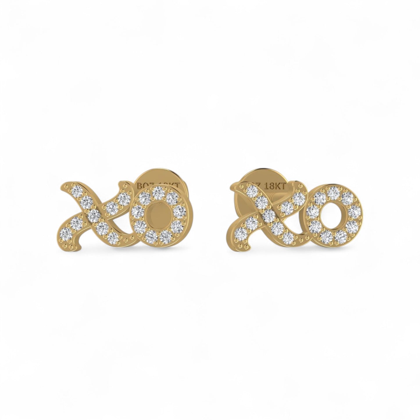 Gold earrings with 'xoxo' design on a white background