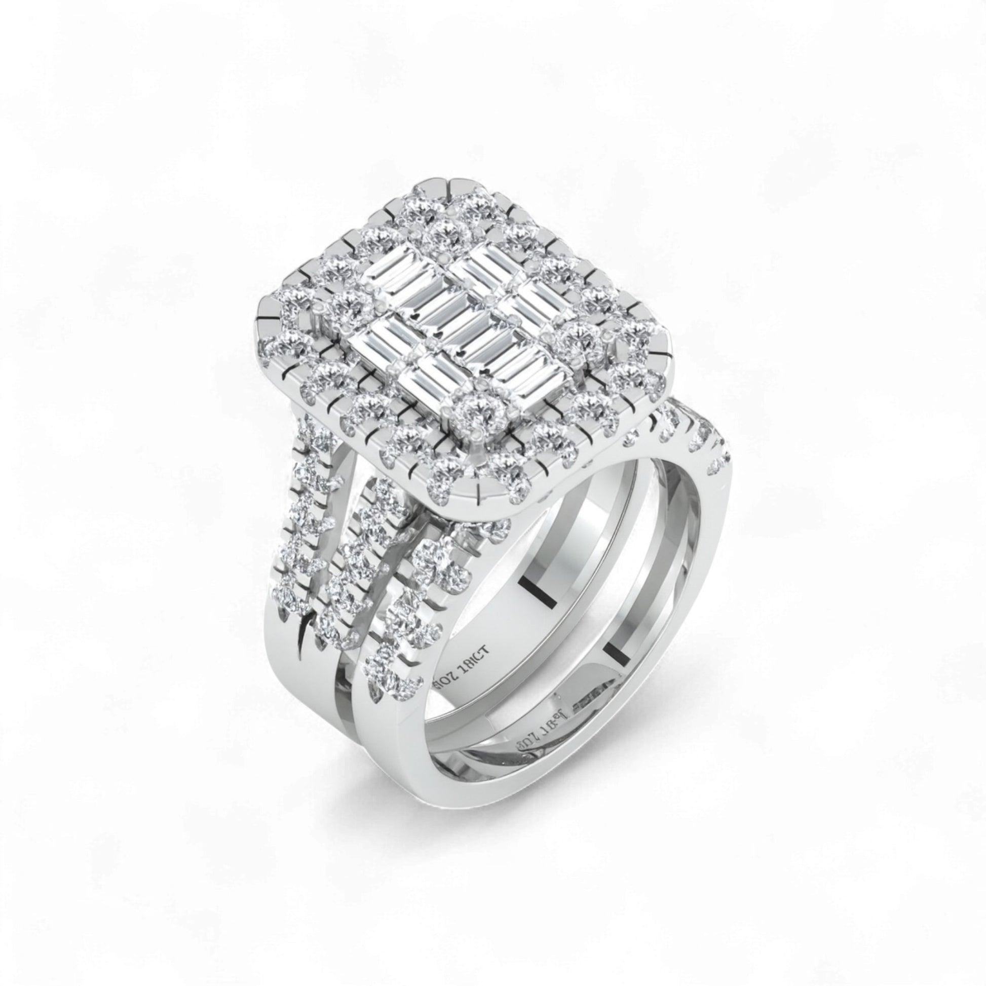 Diamond ring with a white gold band on a white background