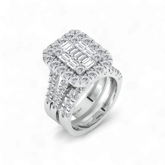 Diamond ring with a white gold band on a white background