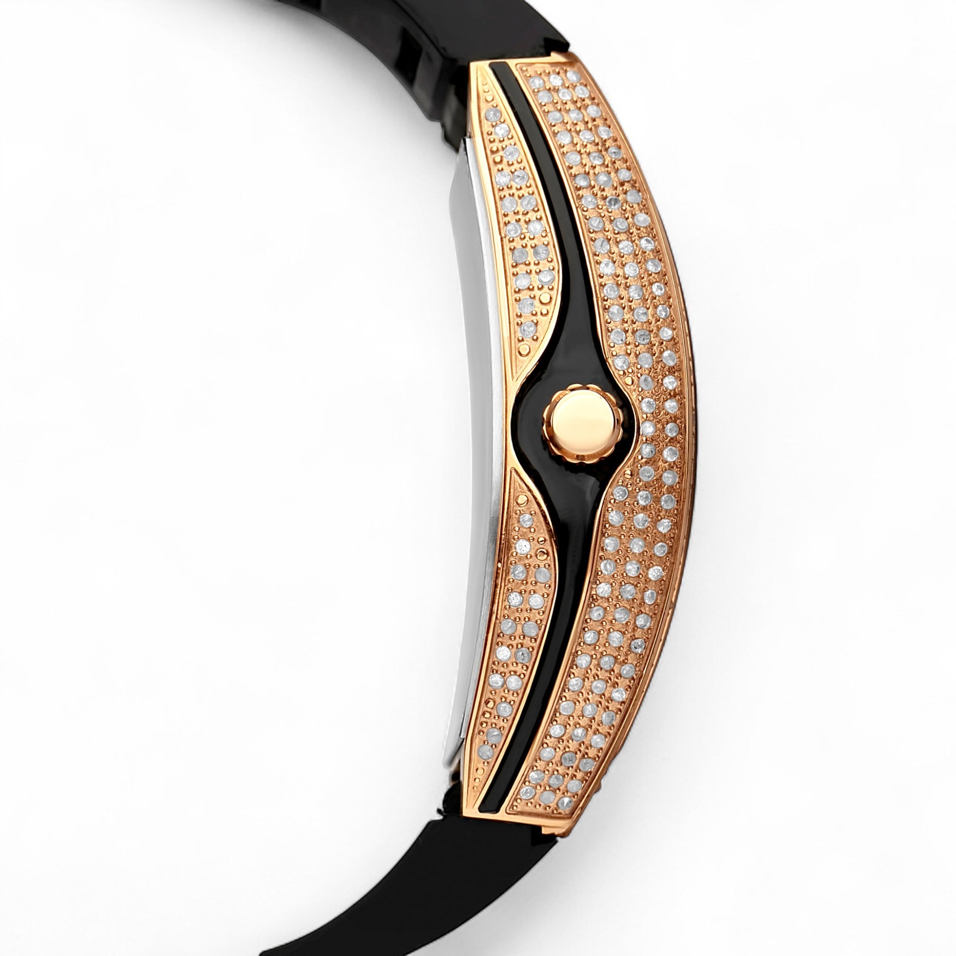 Luxury watch with rose gold and black strap on a white background