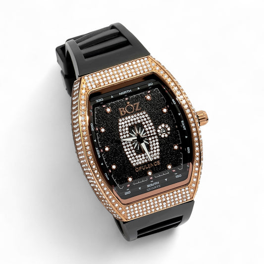 Luxury watch with rose gold case and black strap on a white background