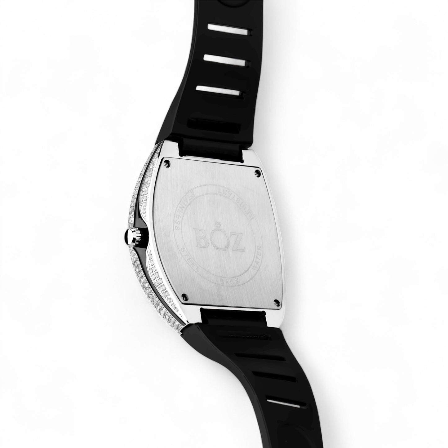Watch with black strap and silver case on a white background