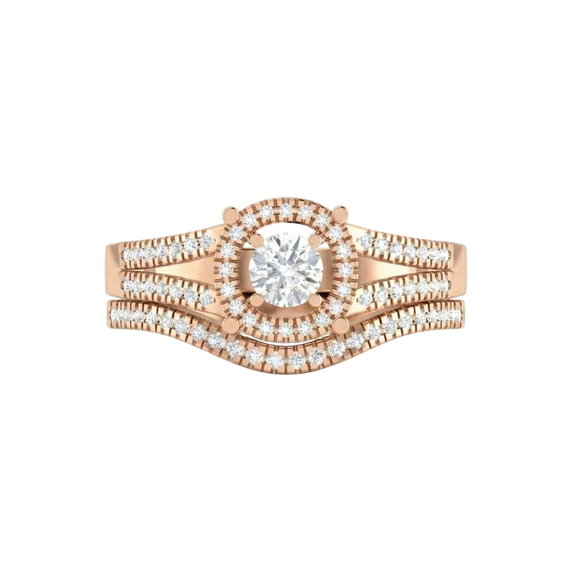 Rose gold ring with a large central gemstone and smaller stones on a white background